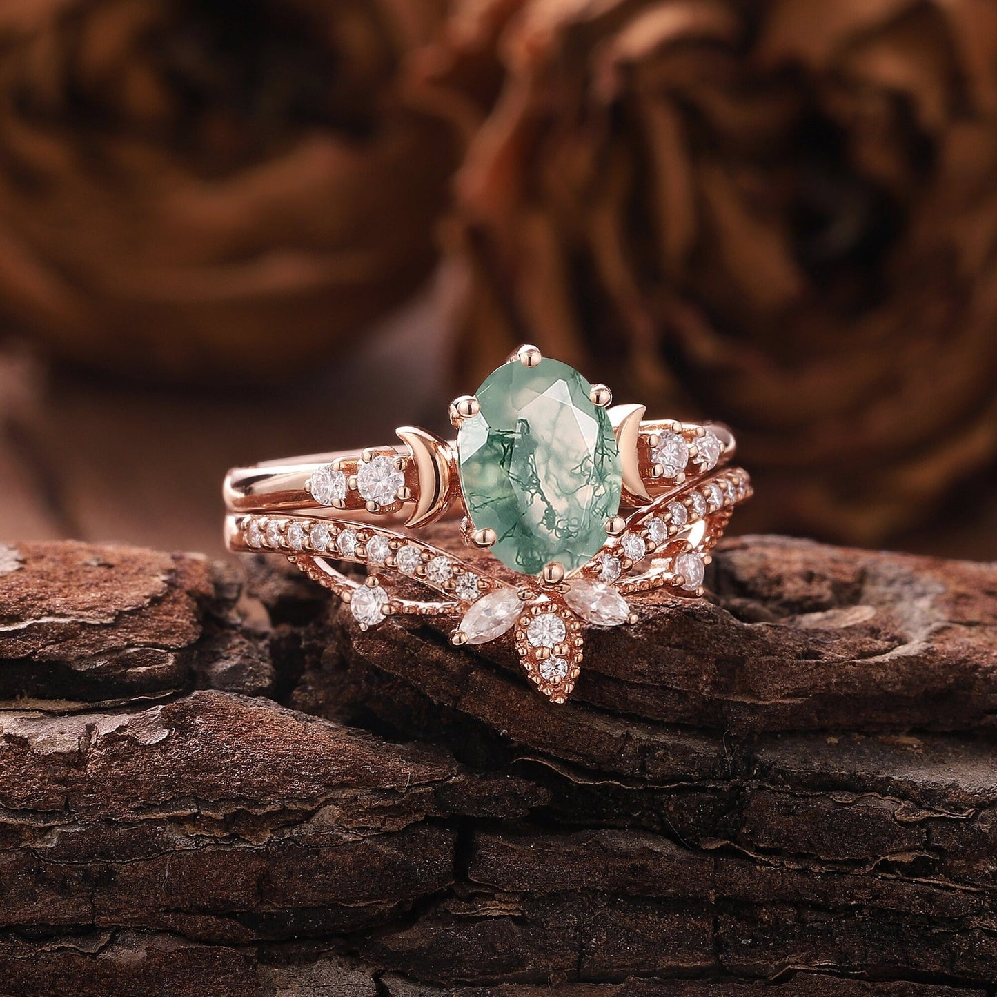 Vintage Green Moss Agate Engagement Ring Set Milgrain Green Gemstone Butterfly Ring Art Deco 2pcs Bridal Ring Set - anerjuly