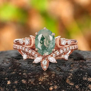 Vintage Green Moss Agate Engagement Ring Set Milgrain Green Gemstone Butterfly Ring Art Deco 2pcs Bridal Ring Set - anerjuly