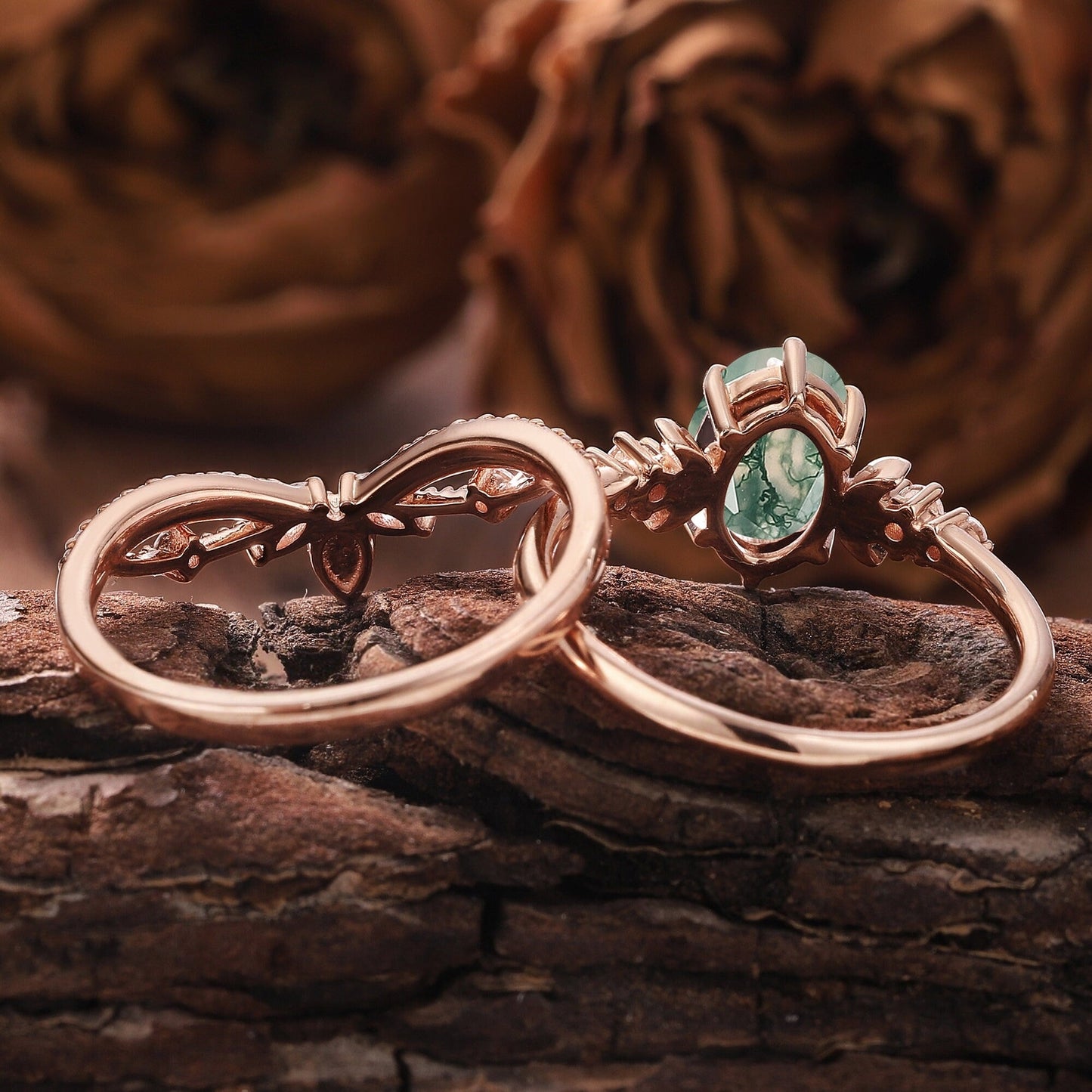 Vintage Green Moss Agate Engagement Ring Set Milgrain Green Gemstone Butterfly Ring Art Deco 2pcs Bridal Ring Set - anerjuly