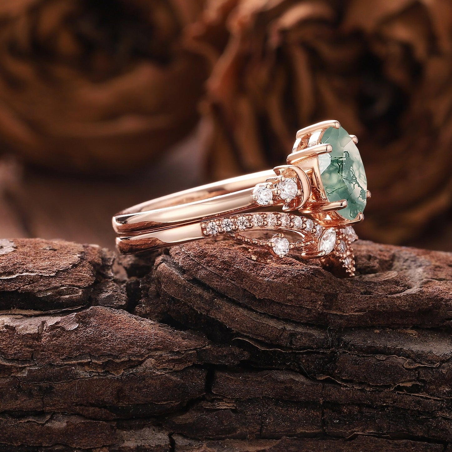 Vintage Green Moss Agate Engagement Ring Set Milgrain Green Gemstone Butterfly Ring Art Deco 2pcs Bridal Ring Set - anerjuly