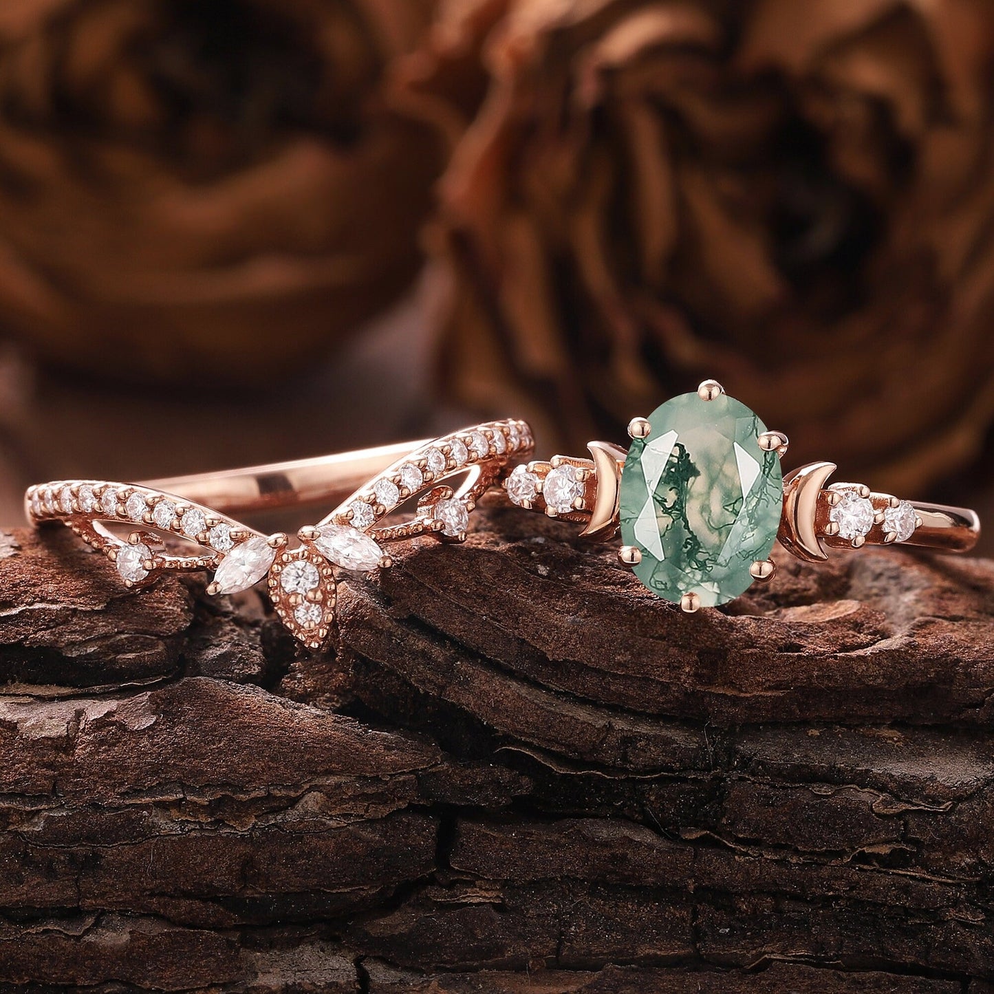 Vintage Green Moss Agate Engagement Ring Set Milgrain Green Gemstone Butterfly Ring Art Deco 2pcs Bridal Ring Set - anerjuly