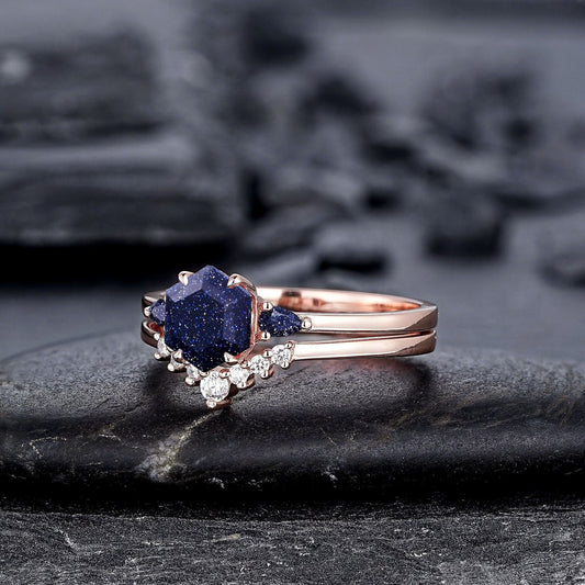 Vintage Hexagon Cut Blue Sandstone Engagement Ring Set Unique Rose Gold Three Stones Promise Ring, Sparkle Starry Stone Wedding Ring - anerjuly