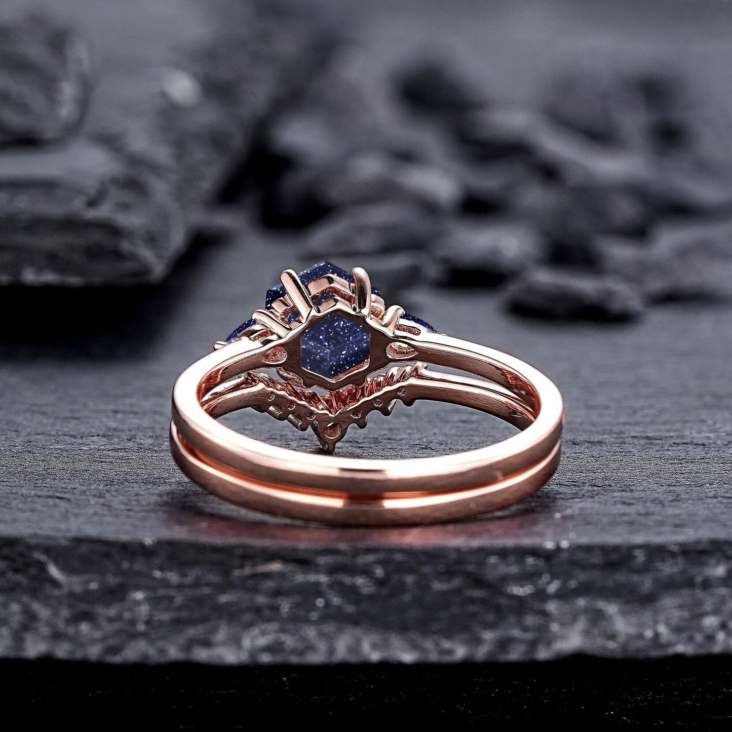 Vintage Hexagon Cut Blue Sandstone Engagement Ring Set Unique Rose Gold Three Stones Promise Ring, Sparkle Starry Stone Wedding Ring - anerjuly