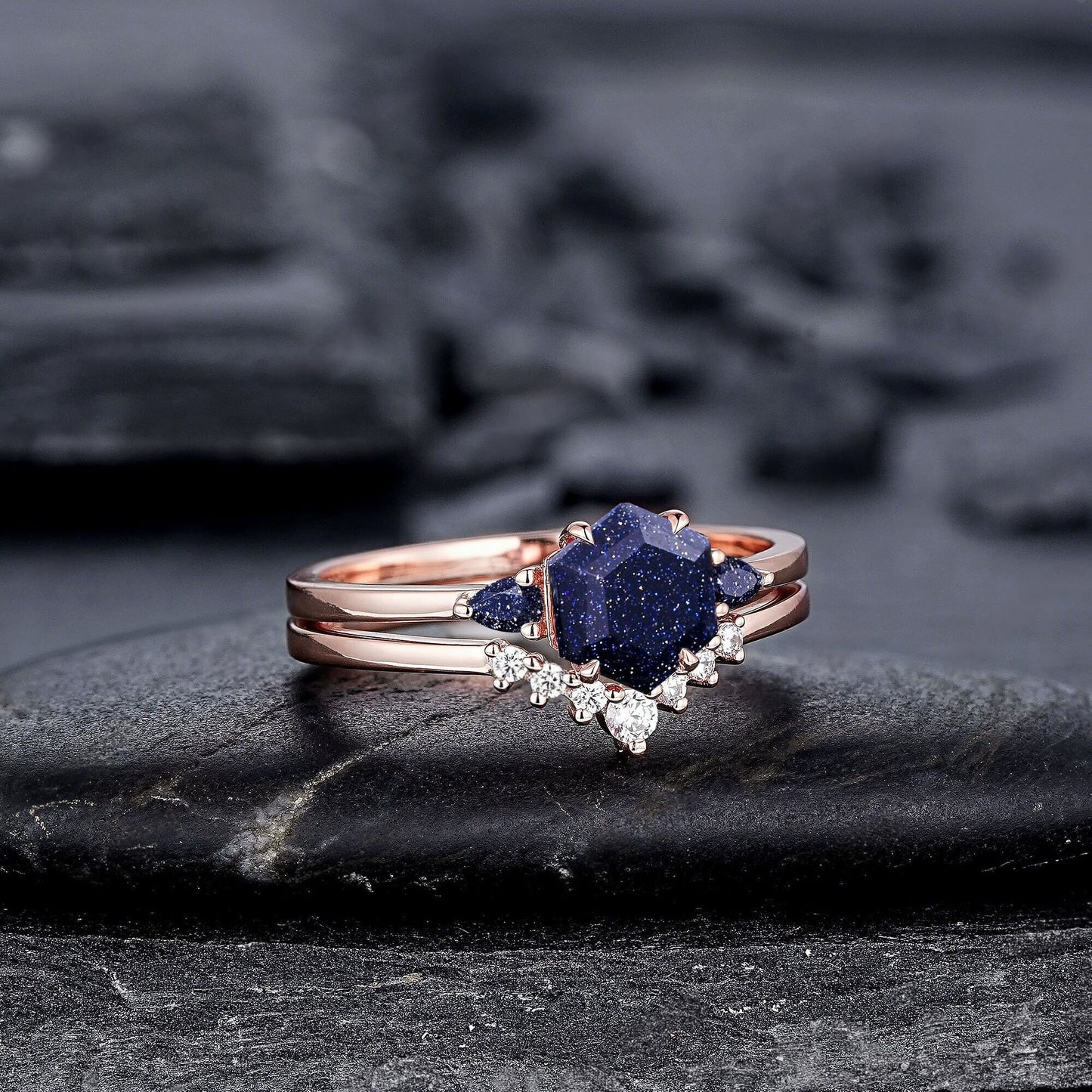 Vintage Hexagon Cut Blue Sandstone Engagement Ring Set Unique Rose Gold Three Stones Promise Ring, Sparkle Starry Stone Wedding Ring - anerjuly