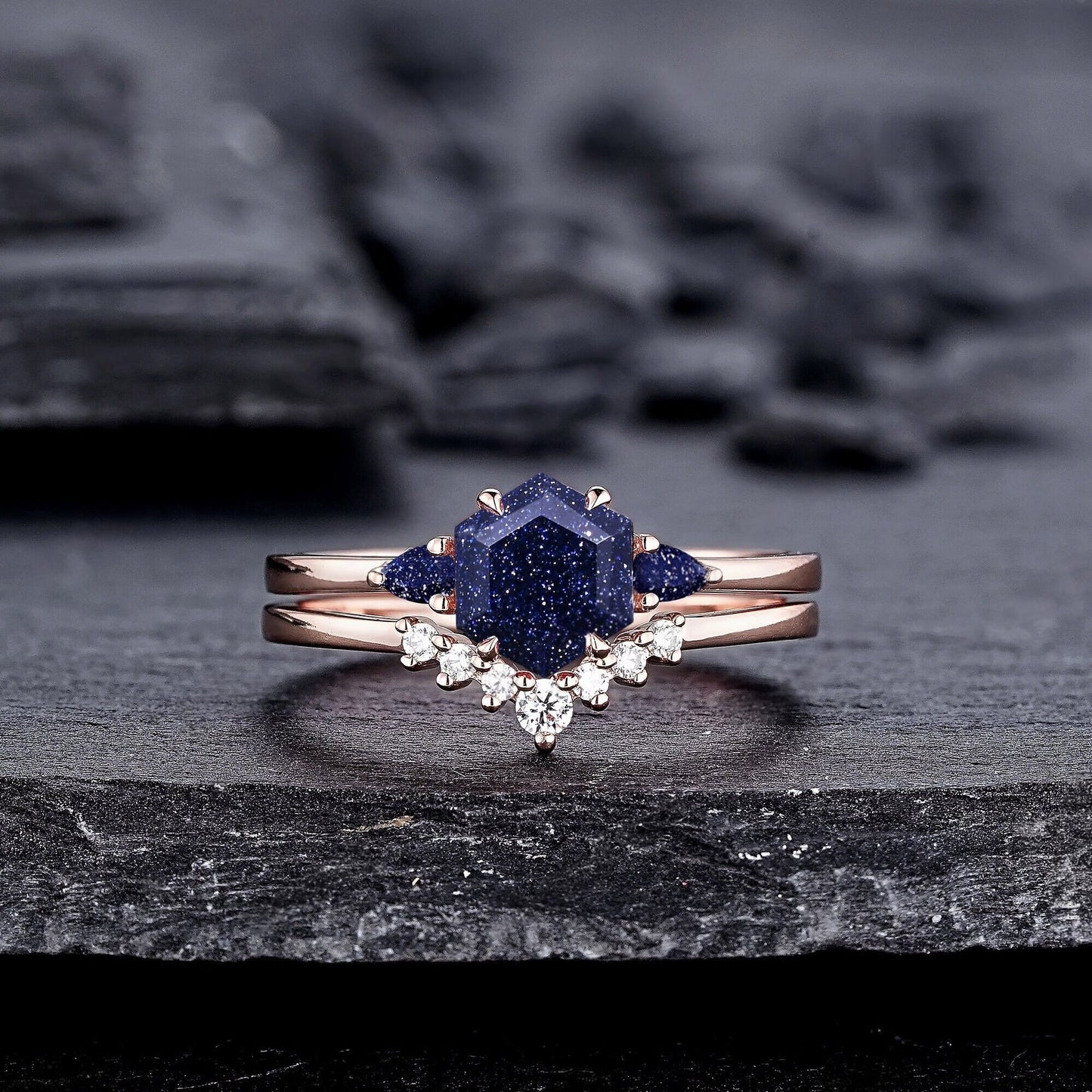Vintage Hexagon Cut Blue Sandstone Engagement Ring Set Unique Rose Gold Three Stones Promise Ring, Sparkle Starry Stone Wedding Ring - anerjuly