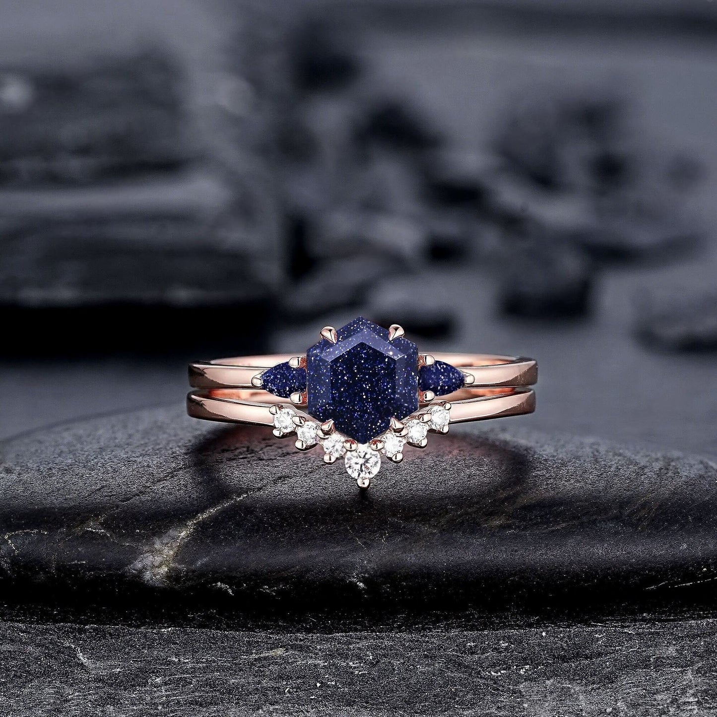 Vintage Hexagon Cut Blue Sandstone Engagement Ring Set Unique Rose Gold Three Stones Promise Ring, Sparkle Starry Stone Wedding Ring - anerjuly