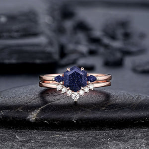Vintage Hexagon Cut Blue Sandstone Engagement Ring Set Unique Rose Gold Three Stones Promise Ring, Sparkle Starry Stone Wedding Ring - anerjuly