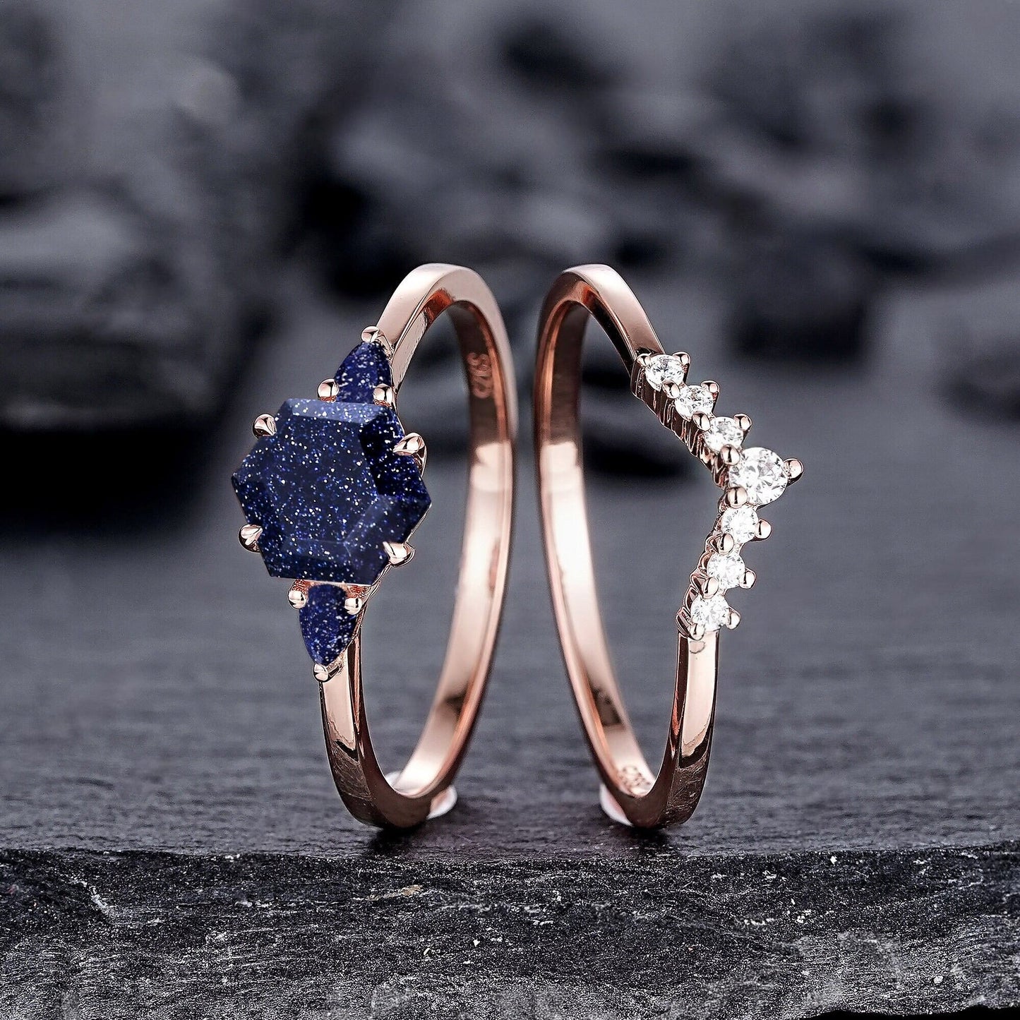 Vintage Hexagon Cut Blue Sandstone Engagement Ring Set Unique Rose Gold Three Stones Promise Ring, Sparkle Starry Stone Wedding Ring - anerjuly