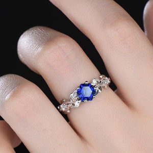 Vintage Hexagon cut Blue Sapphire Engagement Rings Set Leaf Nature Inspired Women Ring For Women - anerjuly