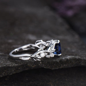 Vintage Hexagon cut Blue Sapphire Engagement Rings Set Leaf Nature Inspired Women Ring For Women - anerjuly