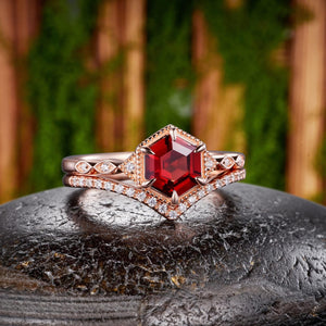 Vintage Hexagon Cut Red Garnet Couple Rings Cluster Ring Nature Inspired Leaf His and Her matching rings - anerjuly