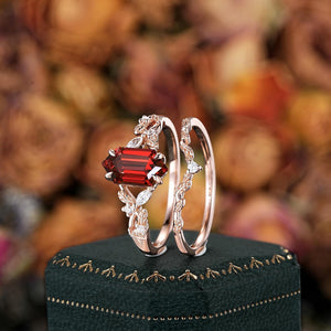 Vintage Hexagon Cut Red Garnet Couple Rings Cluster Ring Nature Inspired Leaf His and Her matching rings - anerjuly