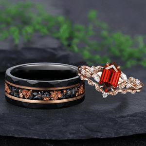 Vintage Hexagon Cut Red Garnet Couple Rings Nature Inspired Leaf His and Her matching rings - anerjuly