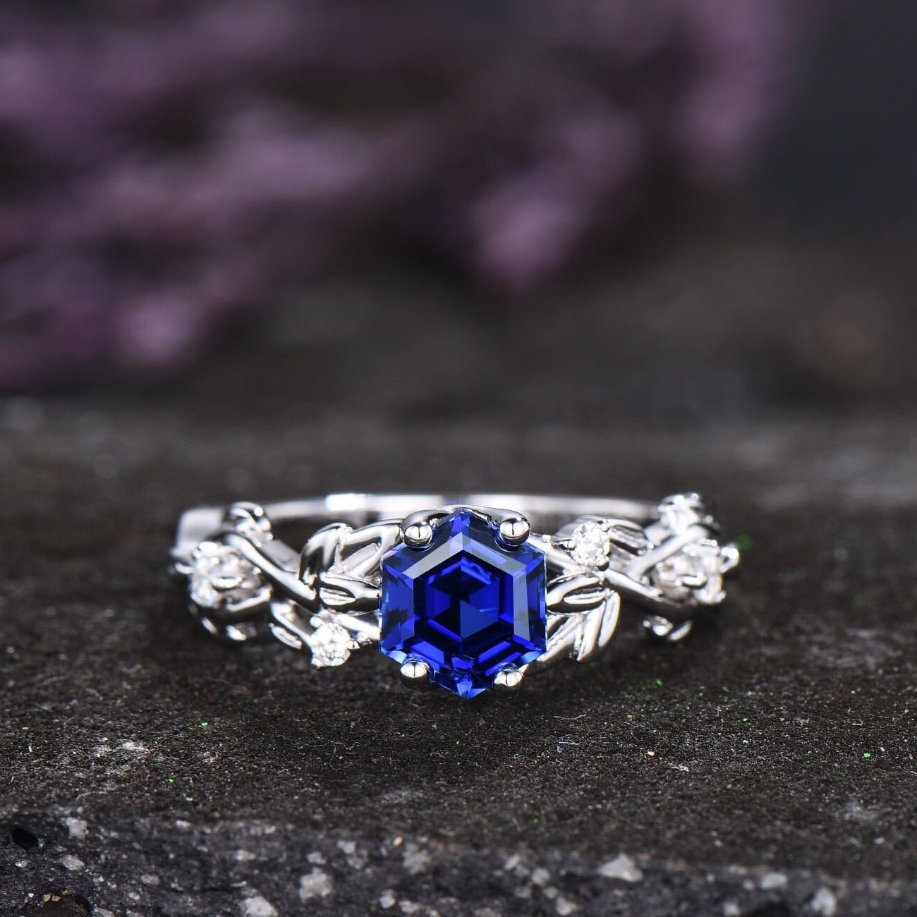 Vintage Hexagon cut Sapphire couples ring set his her matching engagement ring - anerjuly