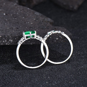 Vintage Hexagon Emerald Engagement Ring with V - Shaped Band Ring Set - anerjuly