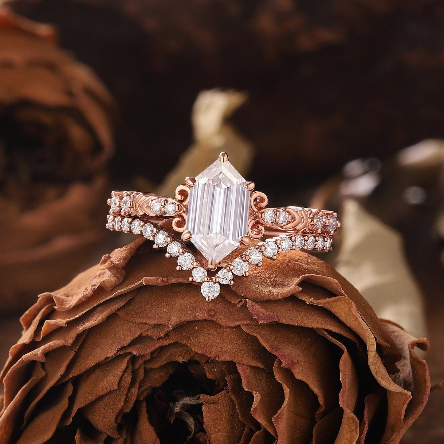 Vintage Hexagon Moissanite Engagement Ring Set Rose Gold Wedding Ring Set Moissanite Cluster Ring Floral Ring Unique Diamond Rings for Women - anerjuly
