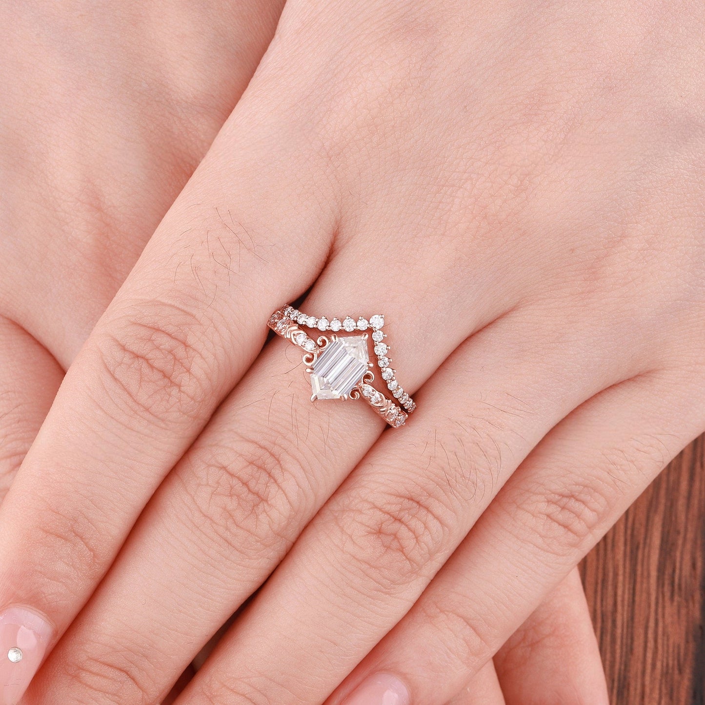 Vintage Hexagon Moissanite Engagement Ring Set Rose Gold Wedding Ring Set Moissanite Cluster Ring Floral Ring Unique Diamond Rings for Women - anerjuly
