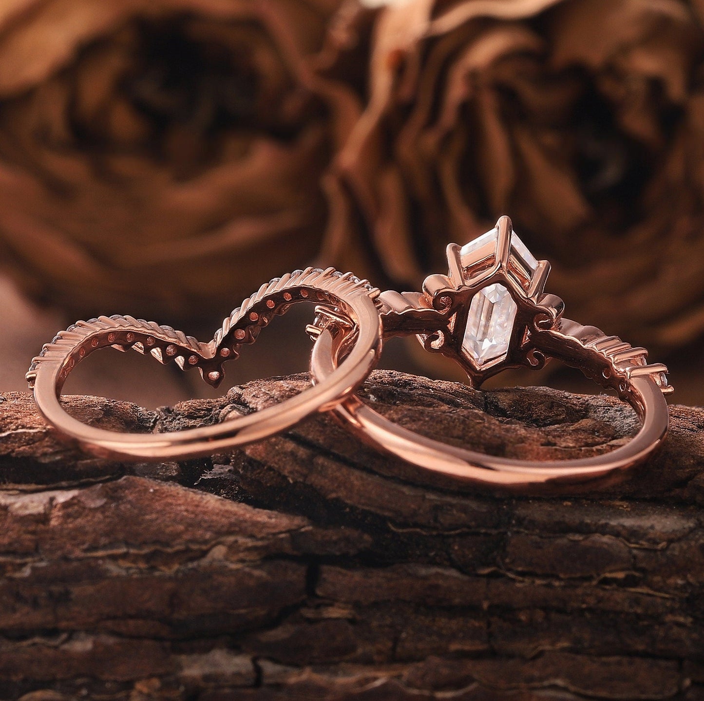 Vintage Hexagon Moissanite Engagement Ring Set Rose Gold Wedding Ring Set Moissanite Cluster Ring Floral Ring Unique Diamond Rings for Women - anerjuly