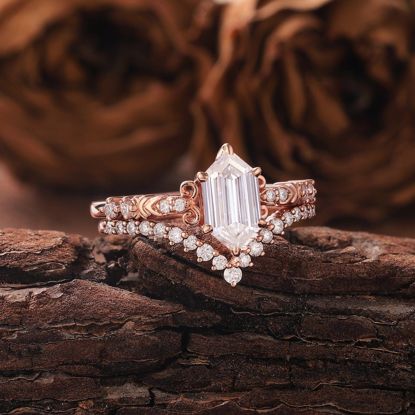 Vintage Hexagon Moissanite Engagement Ring Set Rose Gold Wedding Ring Set Moissanite Cluster Ring Floral Ring Unique Diamond Rings for Women - anerjuly