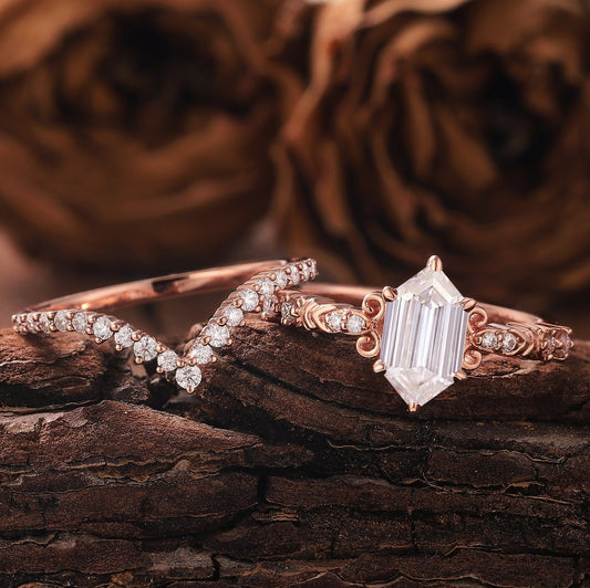 Vintage Hexagon Moissanite Engagement Ring Set Rose Gold Wedding Ring Set Moissanite Cluster Ring Floral Ring Unique Diamond Rings for Women - anerjuly
