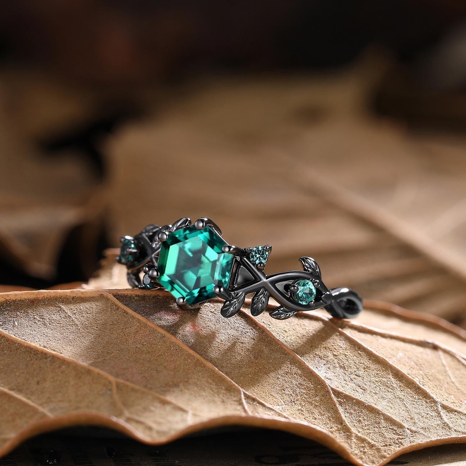 Vintage - Inspired Hexagon Cut Unique Leaf Design Black Gold Emerald Engagement Ring Set - anerjuly