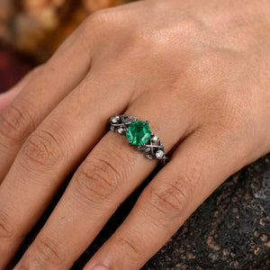 Vintage-Inspired Hexagon Cut Unique Leaf Design Black Gold Emerald Engagement Ring Set - anerjuly