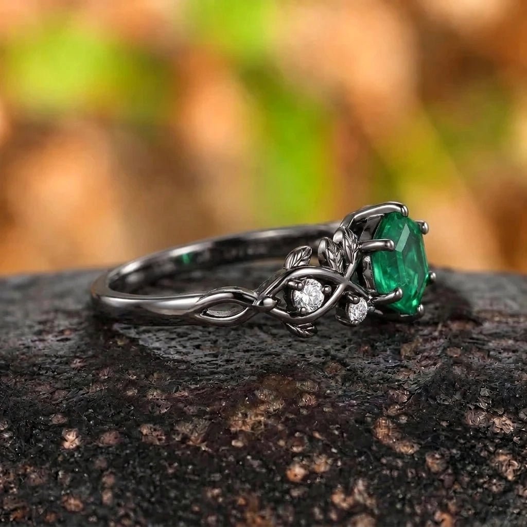 Vintage-Inspired Hexagon Cut Unique Leaf Design Black Gold Emerald Engagement Ring Set - anerjuly