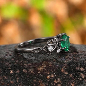 Vintage-Inspired Hexagon Cut Unique Leaf Design Black Gold Emerald Engagement Ring Set - anerjuly