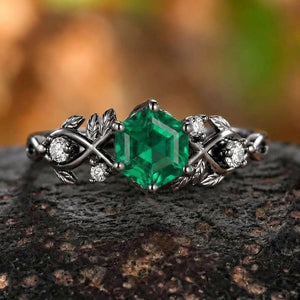 Vintage-Inspired Hexagon Cut Unique Leaf Design Black Gold Emerald Engagement Ring Set - anerjuly