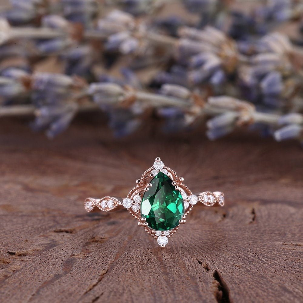 Vintage - Inspired Pear Shape Emerald Engagement Ring Set Unique Floral Emerald Wedding Ring Emerald Promise Ring for Women - anerjuly