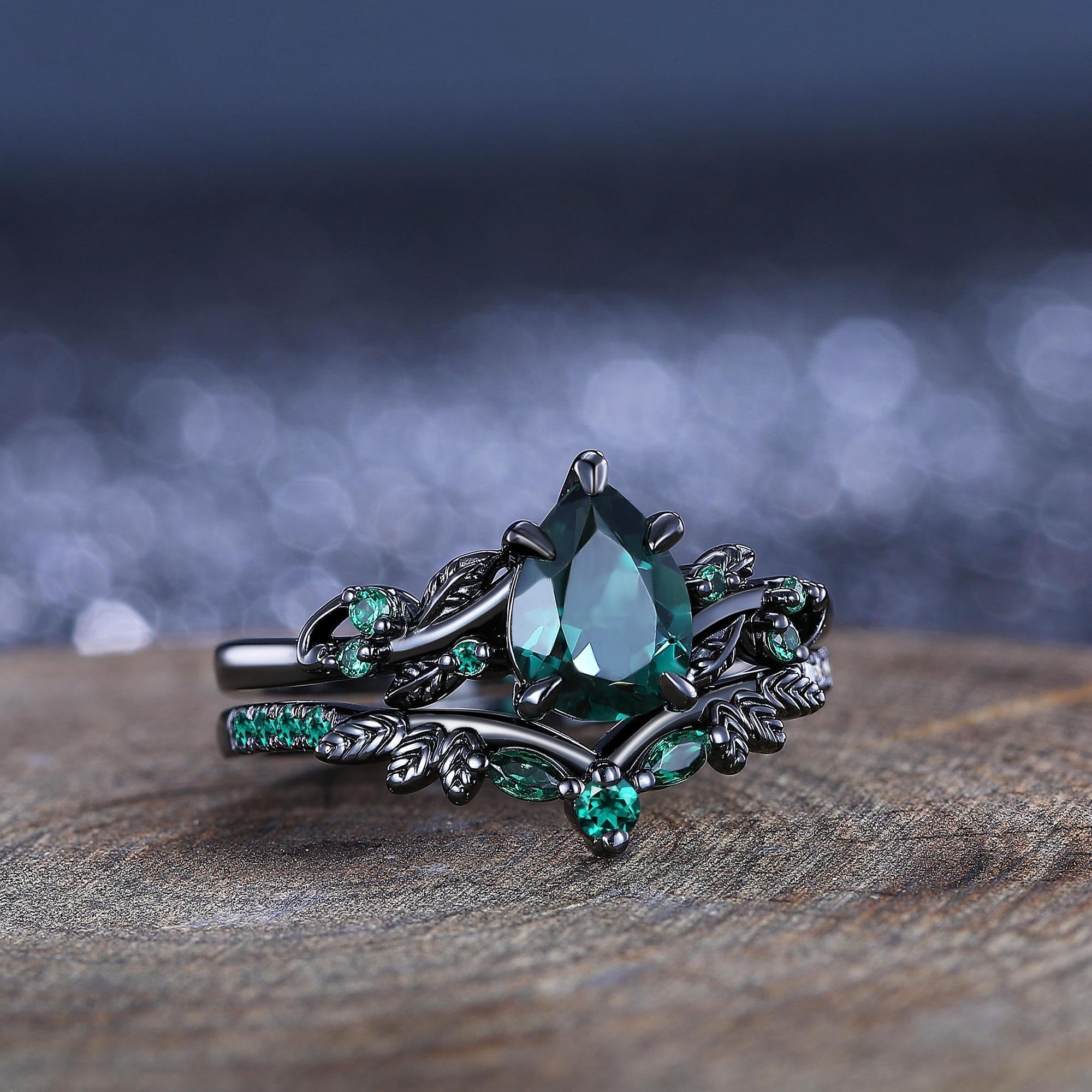 Vintage - Inspired Unique Leaf Design Black Gold Emerald Engagement Ring Set Unique Floral Emerald Wedding Ring - anerjuly