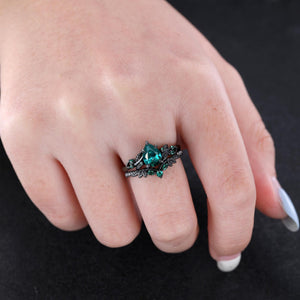 Vintage - Inspired Unique Leaf Design Black Gold Emerald Engagement Ring Set Unique Floral Emerald Wedding Ring - anerjuly