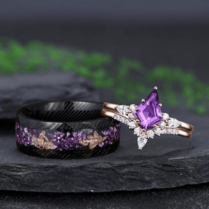 Vintage Kite Cut Amethyst Art Deco Couple Ring Set His and Her Wedding Band Engagement Ring matching rings - anerjuly