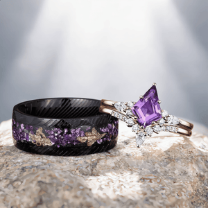 Vintage Kite Cut Amethyst Art Deco Couple Ring Set His and Her Wedding Band Engagement Ring matching rings - anerjuly