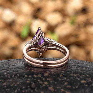 Vintage Kite Cut Amethyst Art Deco Couple Ring Set His and Her Wedding Band Engagement Ring matching rings - anerjuly