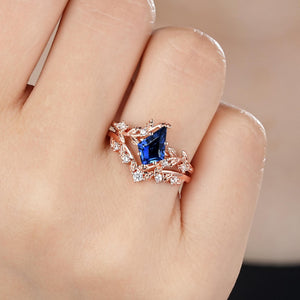 Vintage Kite Cut Cornflower Blue Sapphire Leaf Engagement Ring Unique Rose Gold Twig Branch Vine Wedding Set Nature Inspired Promise Ring - anerjuly