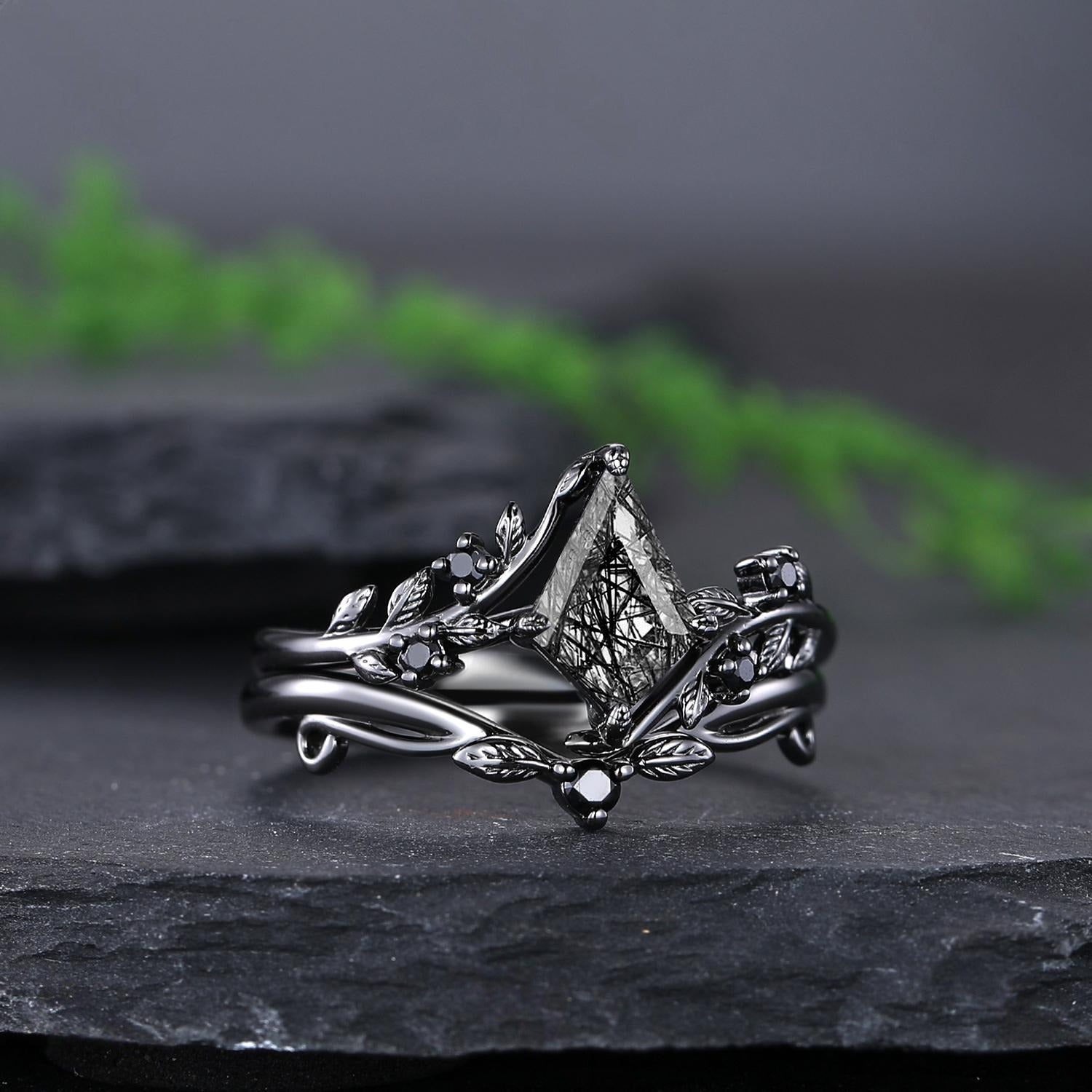 Vintage Kite Cut Natural Rutilated Quartz Engagement Ring Set Art Deco Black Bridal Ring Set - anerjuly