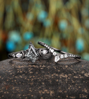 Vintage Kite Cut Natural Rutilated Quartz Engagement Ring Set Black Bridal Ring Set - anerjuly