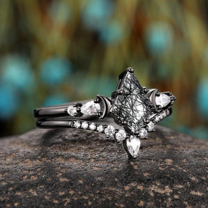 Vintage Kite Cut Natural Rutilated Quartz Engagement Ring Set Black Bridal Ring Set - anerjuly