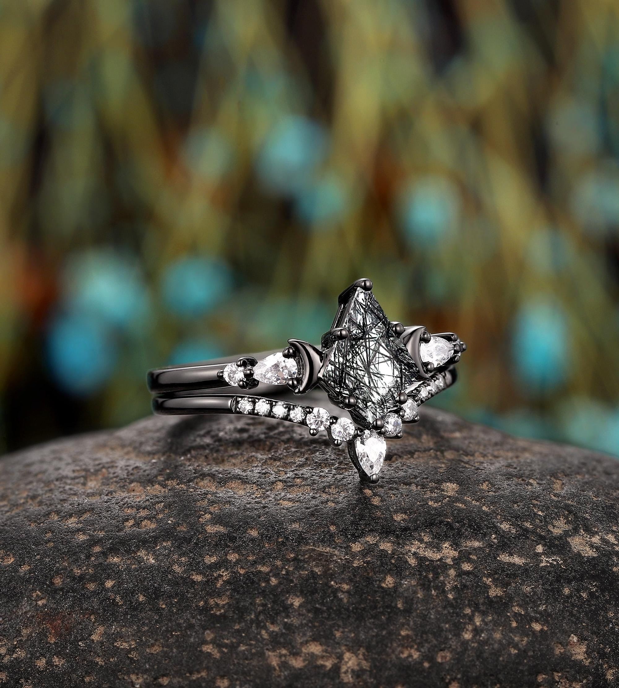 Vintage Kite Cut Natural Rutilated Quartz Engagement Ring Set Black Bridal Ring Set - anerjuly