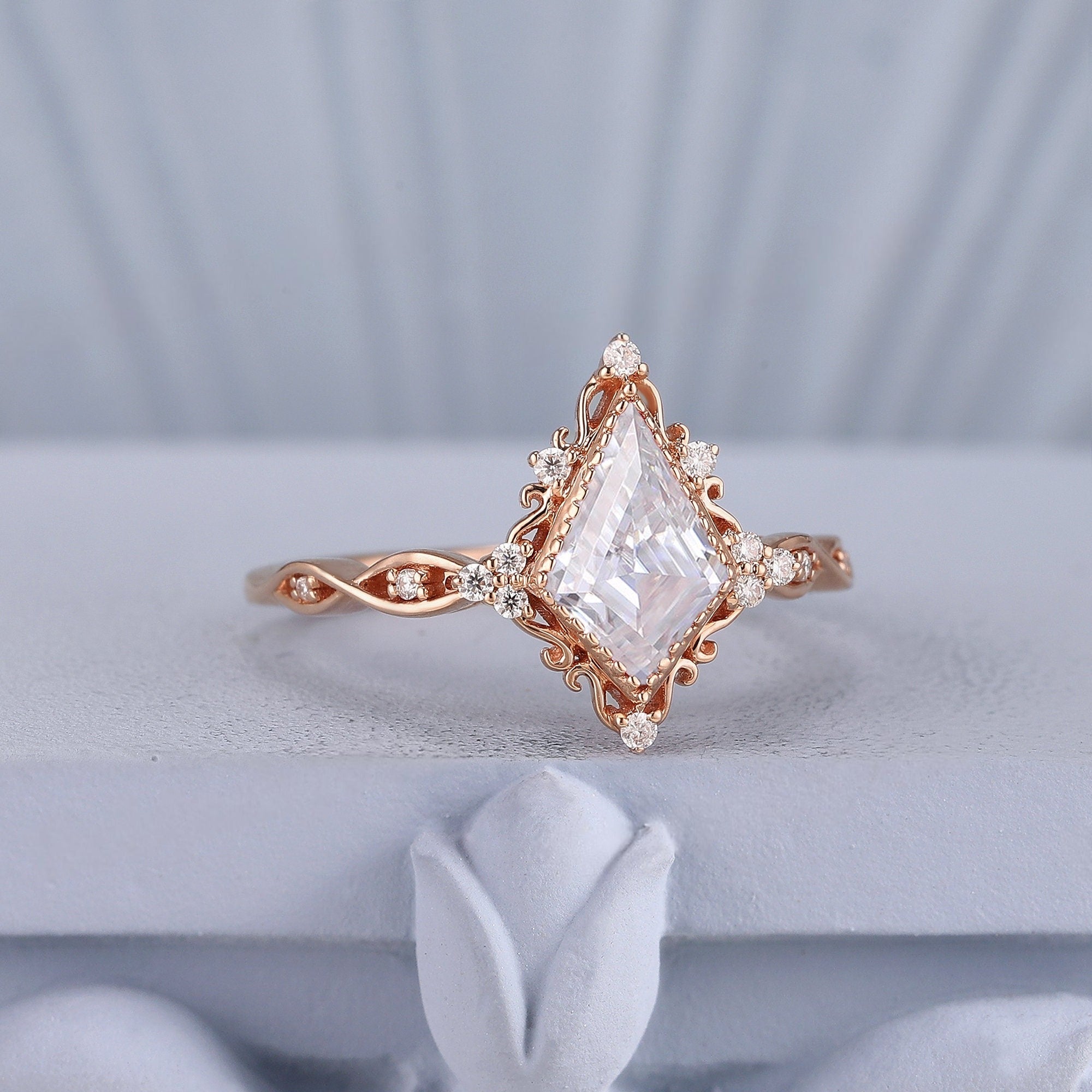 Vintage Kite Shaped Moissanite Engagement Ring Cluster Ring Art Deco Ring Anniversary Gift for Her - anerjuly