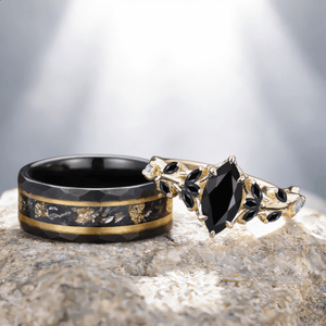 Vintage Leaf Branch Couple Ring Matching Wedding Band Black Onyx Engagement Ring Black Onyx and Men's Tungsten Ring Set - anerjuly