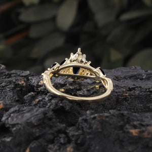 Vintage Leaf Branch Couple Ring Matching Wedding Band Black Onyx Engagement Ring Black Onyx and Men's Tungsten Ring Set - anerjuly