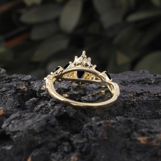 Vintage Leaf Branch Couple Ring Matching Wedding Band Black Onyx Engagement Ring Black Onyx and Men's Tungsten Ring Set - anerjuly