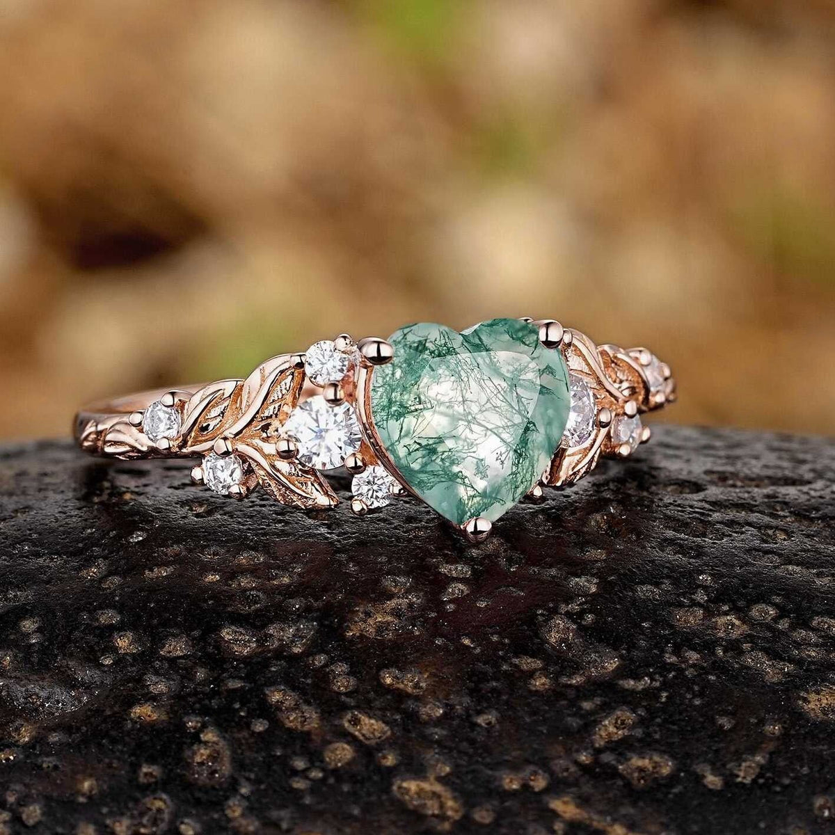 Vintage Leaf Cluster Heart Cut Green Moss Agate Engagement Ring - anerjuly