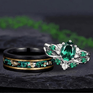 Vintage Leaf Oval Emerald and Black Tungsten Couple Ring Set with Green Opal Inlay - anerjuly