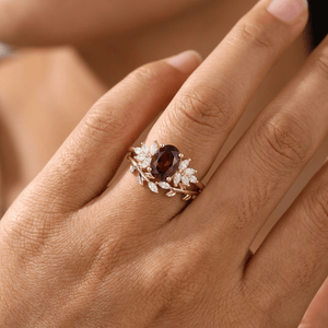 Vintage Leaf Oval Red Garnet Engagement Ring Set - anerjuly