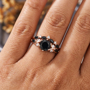 Vintage Leaf & Vine Round Black Onyx Engagement Ring Set - anerjuly