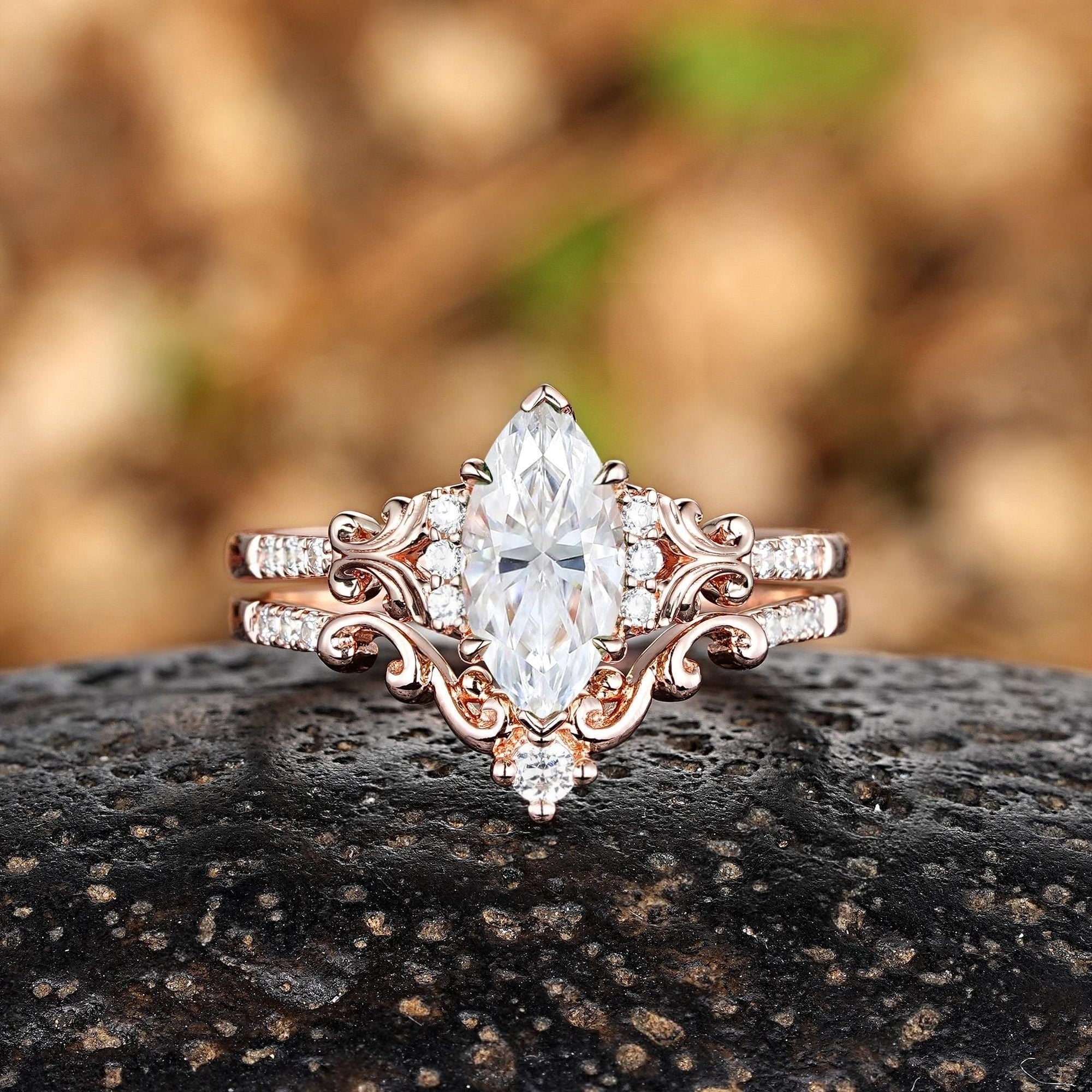 Vintage Marquise Moissanite Engagement Ring Set Yellow Gold Women Anniversary Promise Ring - anerjuly