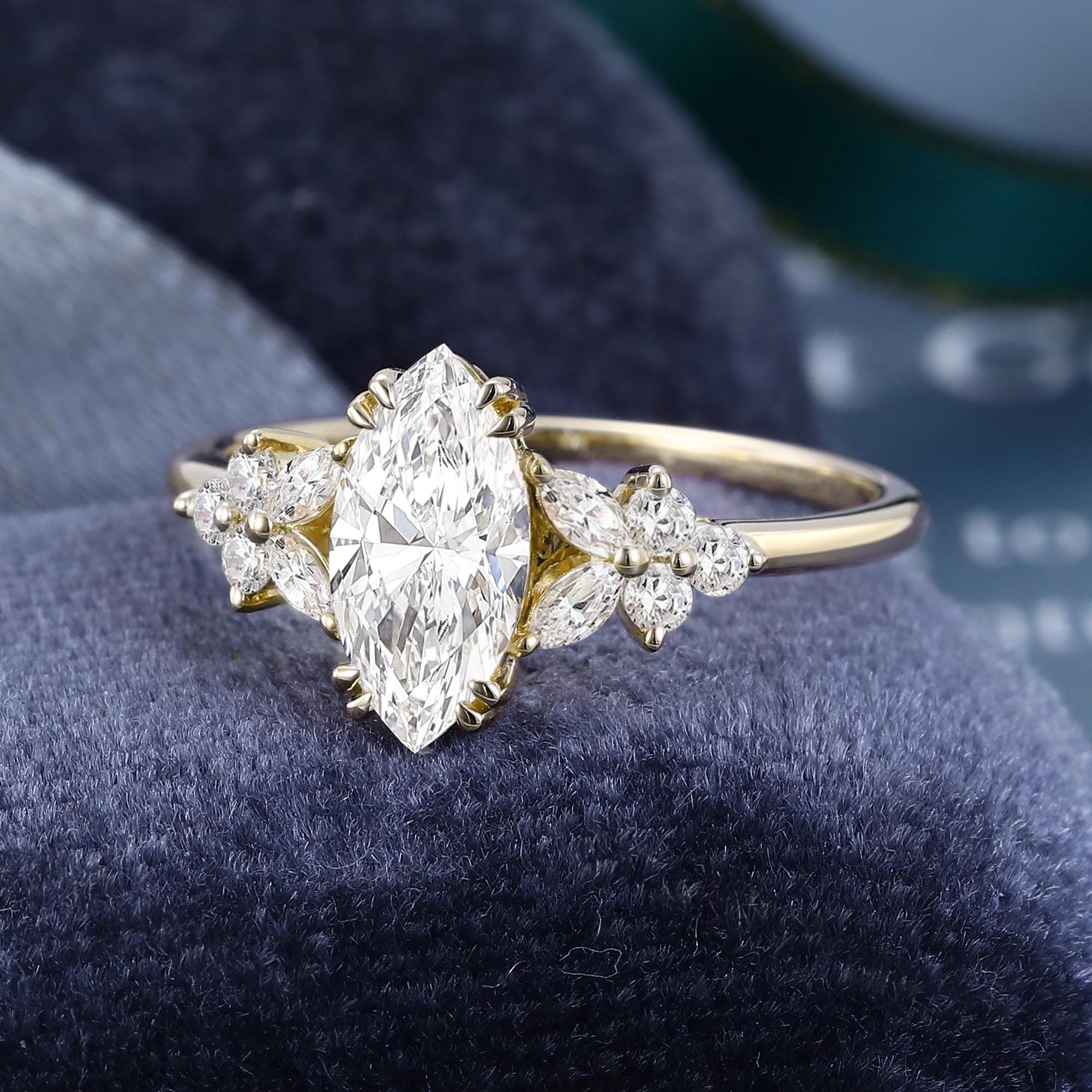 Vintage Marquise Shaped Moissanite Engagement Ring Cluster Ring Art Deco Ring - anerjuly